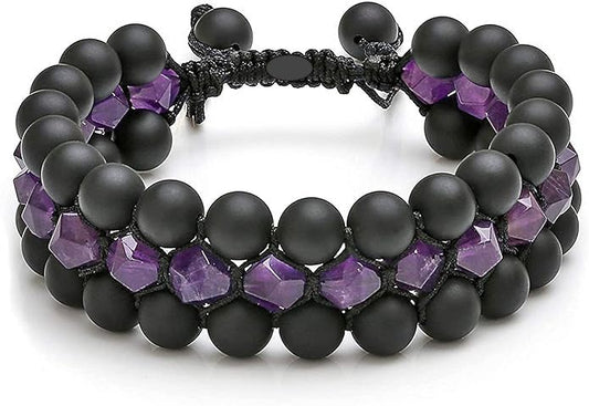 Faceted Amethyst Crystal + Matte Black Agate Onyx Beads Bracelet