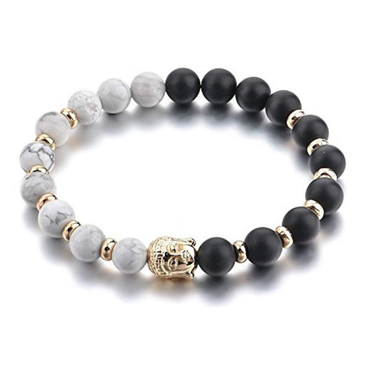 Howlite + Onyx Golden Buddha Beads Bracelet